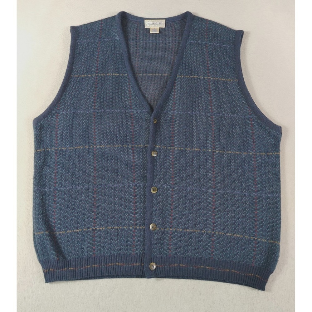 Vintage Murano Sweater Vest Mens XL Blue Plaid V Neck Cabincore Grandpacore 90s